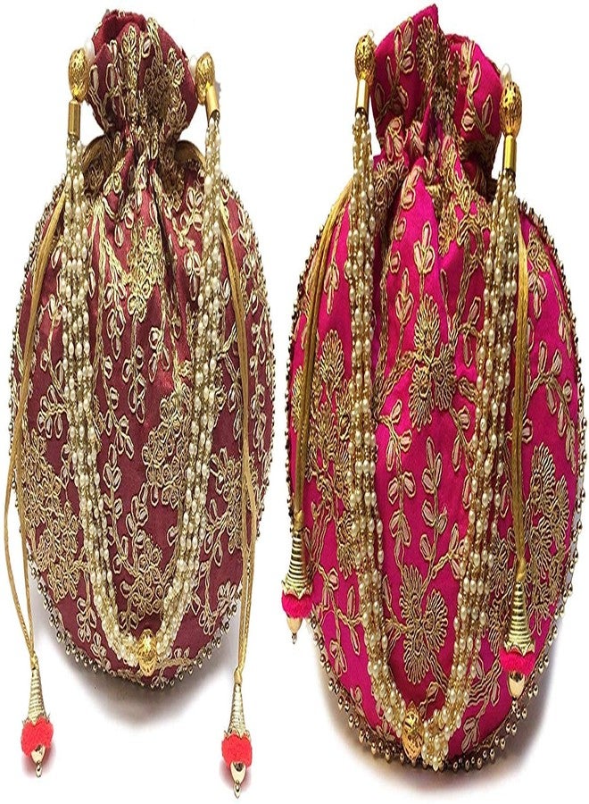 STLYZ Women's Potli Bag (Set Of 2) Rajasthani Style Silk Potli Handbag Wristlet Clutch Batwa Golden Work Embroidery Potli Wedding Gift For Ladies Ethnic Women Fashion Potli - Image 1